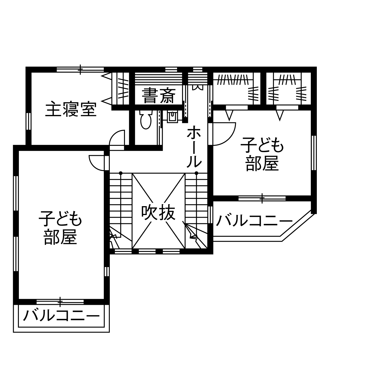 角屋ハウジング 【自由設計/2300万円/37坪/間取り】吹き抜けの開放感が心地よい 将来の二世帯を見据えたナチュラルハウスの間取り図（4LDK+S）2階