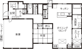 カメヤグローバル 【大阪府/2000万円台/約50坪/大阪市】オークの無垢を使った耐震・耐久性に配慮した家の実例（間取り図有）の間取り図（3LDK）1階