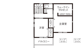 カメヤグローバル 【大阪府/2000万円台/約50坪/大阪市】オークの無垢を使った耐震・耐久性に配慮した家の実例（間取り図有）の間取り図（3LDK）2階