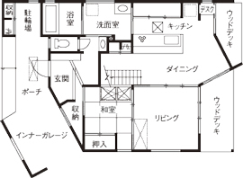 カメヤグローバル 【大阪府/2000万円台/約50坪/貝塚市】インナーガレージとウッドデッキがある建築士と造る家（間取り図有）の間取り図（4LDK）1階