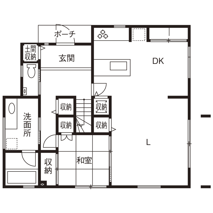 カメヤグローバル 【大阪府/2000万円台/約40坪/岸和田市】回遊動線で家事ラクに。大きなソファでゆったり過ごせる家の間取り図（4LDK+2WIC）1階
