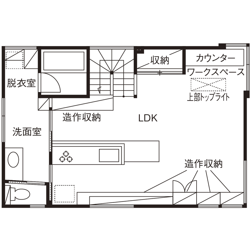 カメヤグローバル 【大阪府/1900万円台/約30坪/泉大津市】好きなものに囲まれる2階のオープンなLDK。建築家デザインの家の間取り図（2LDK+WIC）2階
