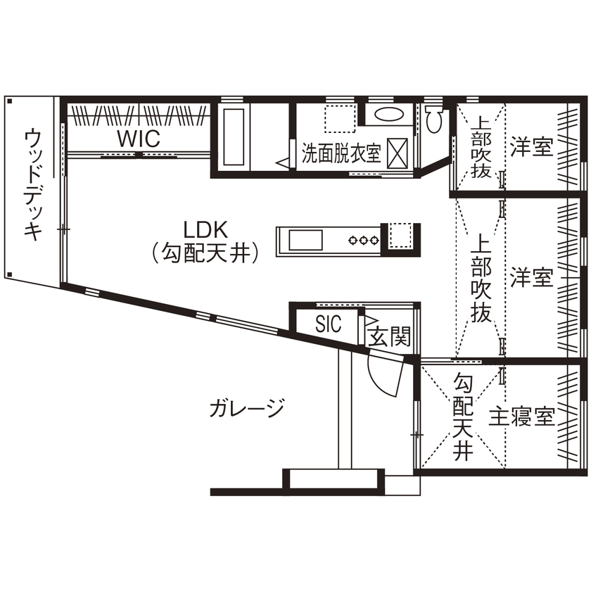 カメヤグローバル 【大阪府/2000万円台/約37坪/岸和田市】光熱費を抑えて暖かく。庭やデッキでアウトドアも楽しむ平屋暮らしの間取り図（3LDK+WIC+SIC+LOFT）1階