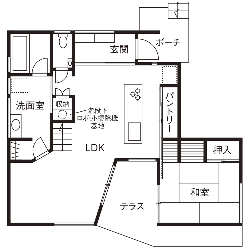 カメヤグローバル 【大阪府/2000万円台/岸和田市】斜めの天井や壁、宙に浮く階段。木と緑の眺めに癒されるデザイナーズハウスの間取り図（3LDK+WIC）1階