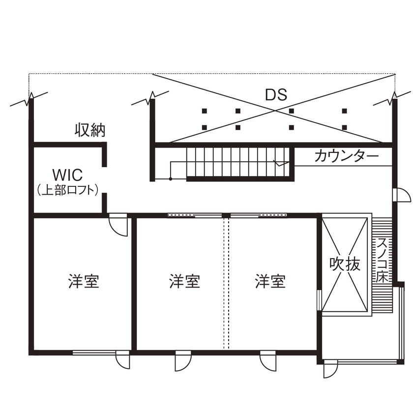 カメヤグローバル 【大阪府/2000万円台/建築家】高性能で吹抜けのある家。ソファを置かず、子どもの作品が彩る広々リビングの間取り図（3LDK+WIC+SC）2階
