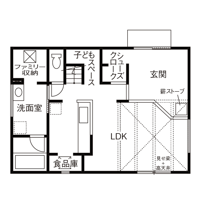 カメヤグローバル 【大阪府/2000万円台/約30坪/河内長野市】広い土間に薪ストーブ。火を眺めながら、リビングでくつろぐの間取り図（3LDK+2WCL+土間+書斎）1階
