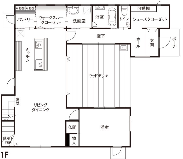 日興ホーム 【2,000万円台/中庭デッキ/148.24m2/間取り図有】リビングと中庭が一体化し開放感に満ちた家の間取り図（3LDK）1階