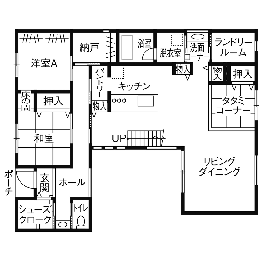 日興ホーム 【4000万円台/開放的な二世帯住宅/180.86平米/間取り図有】中庭を囲み、家事動線を短く効率化した明るい家の間取り図（5LDK）1階