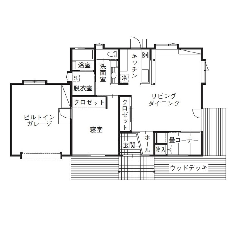 大和屋 【2000万円台/32.3坪/平屋】間取りと造作家具にこだわった、ビルトインガレージのある住まいの間取り図（1LDK）1階