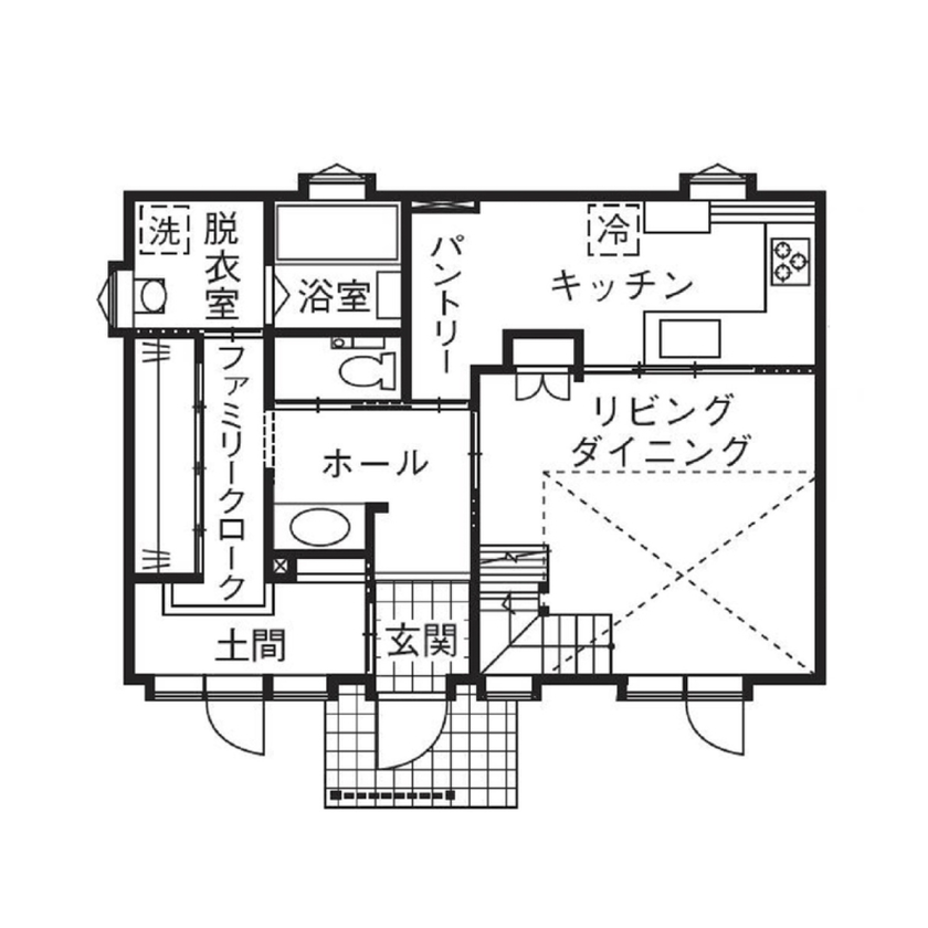大和屋 【2000万円台/32.3坪/2LDK+書斎】性能と素材にこだわった自然と暮らすパッシブハウスの間取り図（2LDK＋書斎）1階
