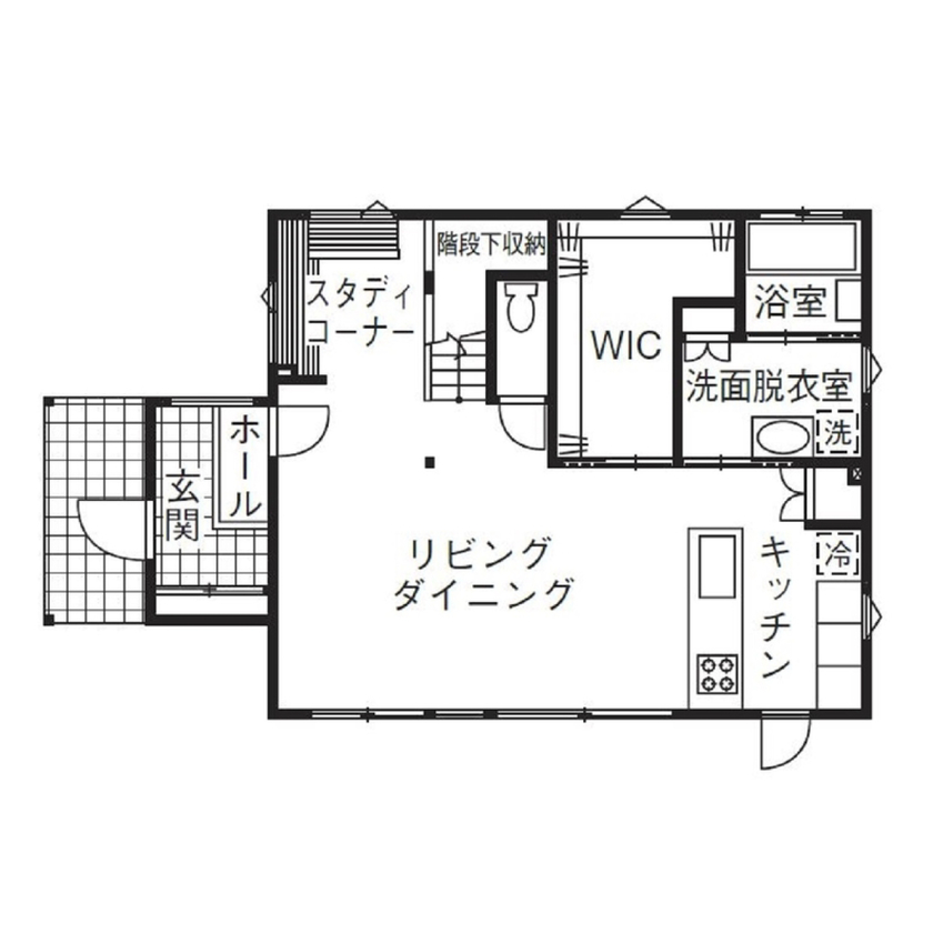 大和屋 【2000万円台/35.6坪/3LDK+書斎】太陽の光だけでぽかぽか！異素材と色使いが光る住まいの間取り図（3LDK+書斎）1階