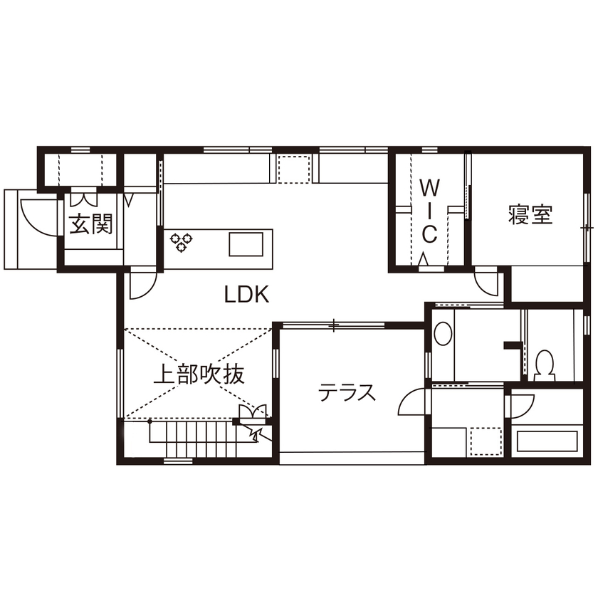 i leaf labo （アイリーフラボ） 【家事ラク動線/2000万円台/吹き抜け/2階建て/間取り】採光＆動線にこだわったテラスを囲むコの字型の家の間取り図（3LDK）1階