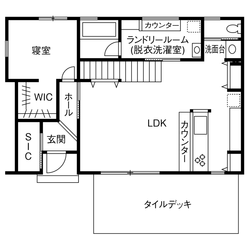 ハウスワン 【多気郡×20代】新婚カップルが建てたBBQが楽しめるタイルデッキのある家は、１階に寝室を設けた永住設計の間取り図（4LDK）1階