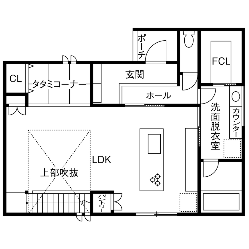 ハウスワン 【伊勢市×20代×1000万円台×吹き抜け】「若いうちにマイホームを」と23歳で建てた自由設計の家の間取り図（3LDK）1階