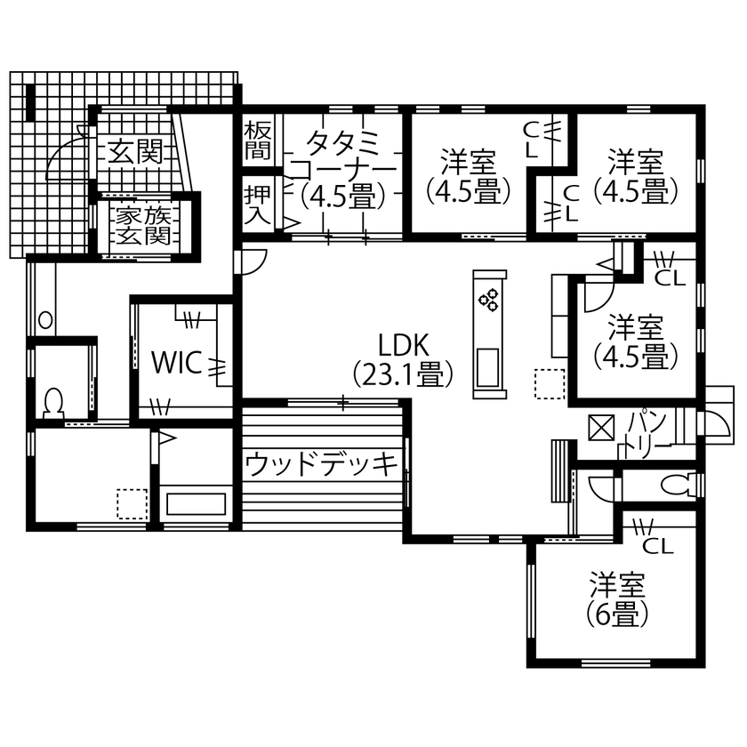 アート建工 【間取図有｜2000万円台前半｜平屋】子育て＆家事ラク動線で負担軽減。休日はウッドデッキでバーベキューの間取り図（5K以上）1階