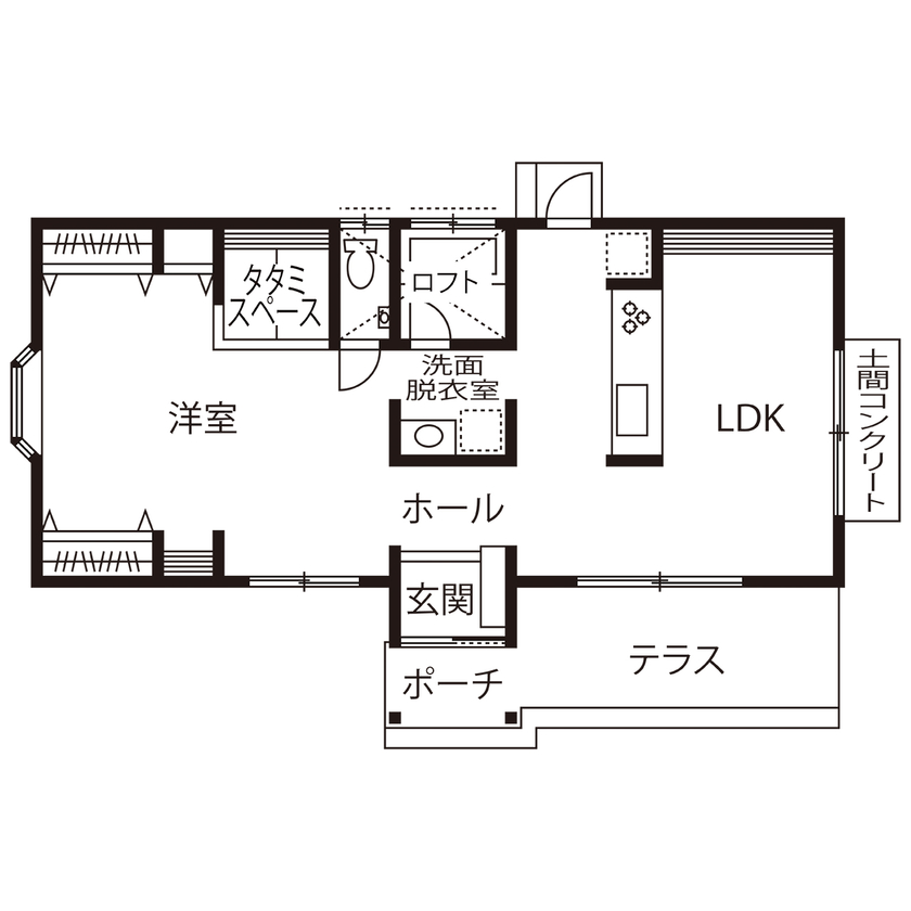 歩建設 【1000万円台|20坪台|間取り|平屋】広いテラスでお茶を楽しめる、仕切りのない開放的な間取りの平屋の家の間取り図（1LDK）1階