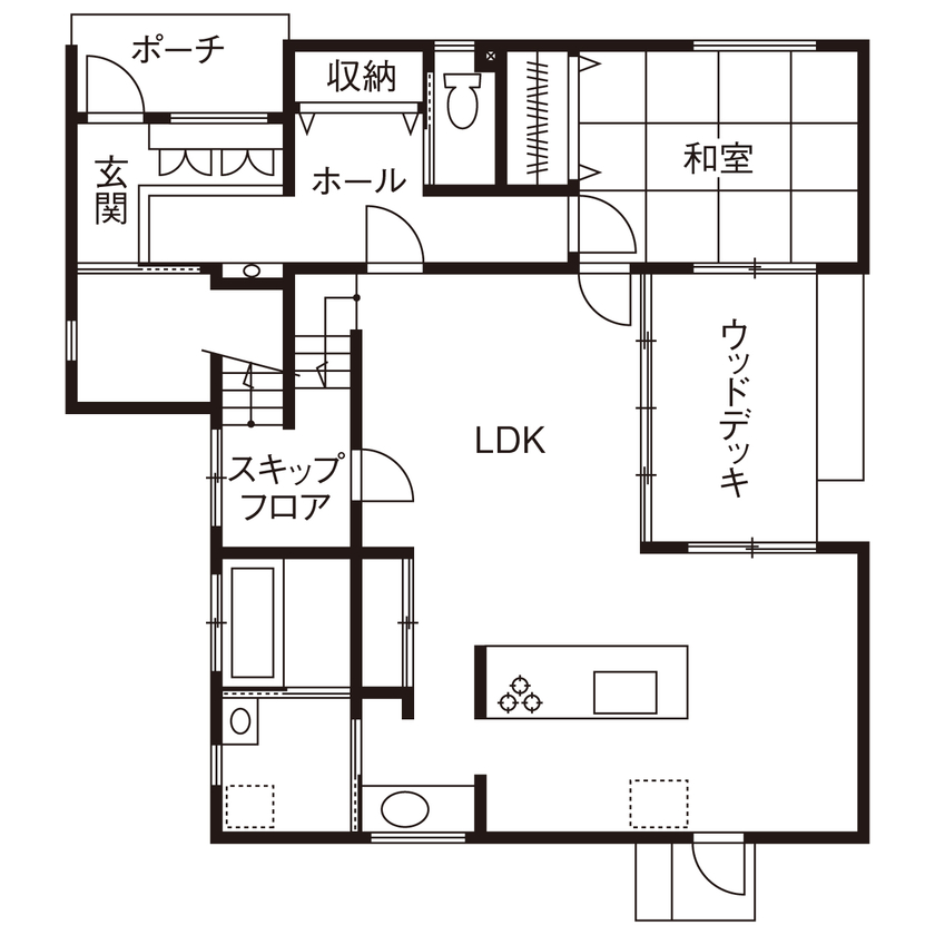 家とも 【1650万円／間取図有／広々リビング／すっきり配線＆動線】憧れの北欧キッチン＆設備もローコストで実現の間取り図（4LDK）1階