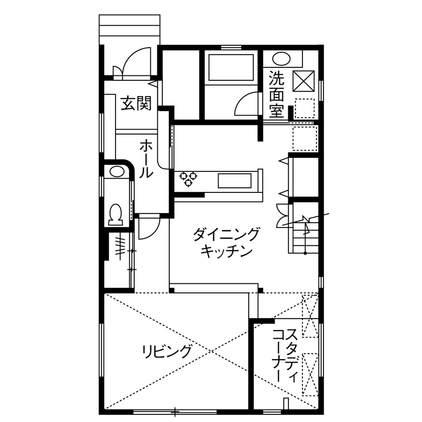 ジャストホーム（越谷・草加） 【2000万円台/間取り/40坪/バルコニー/草加】縦横の広がりをもたらすスキップフロア＋吹き抜けで開放的な家の間取り図（4LDK）1階