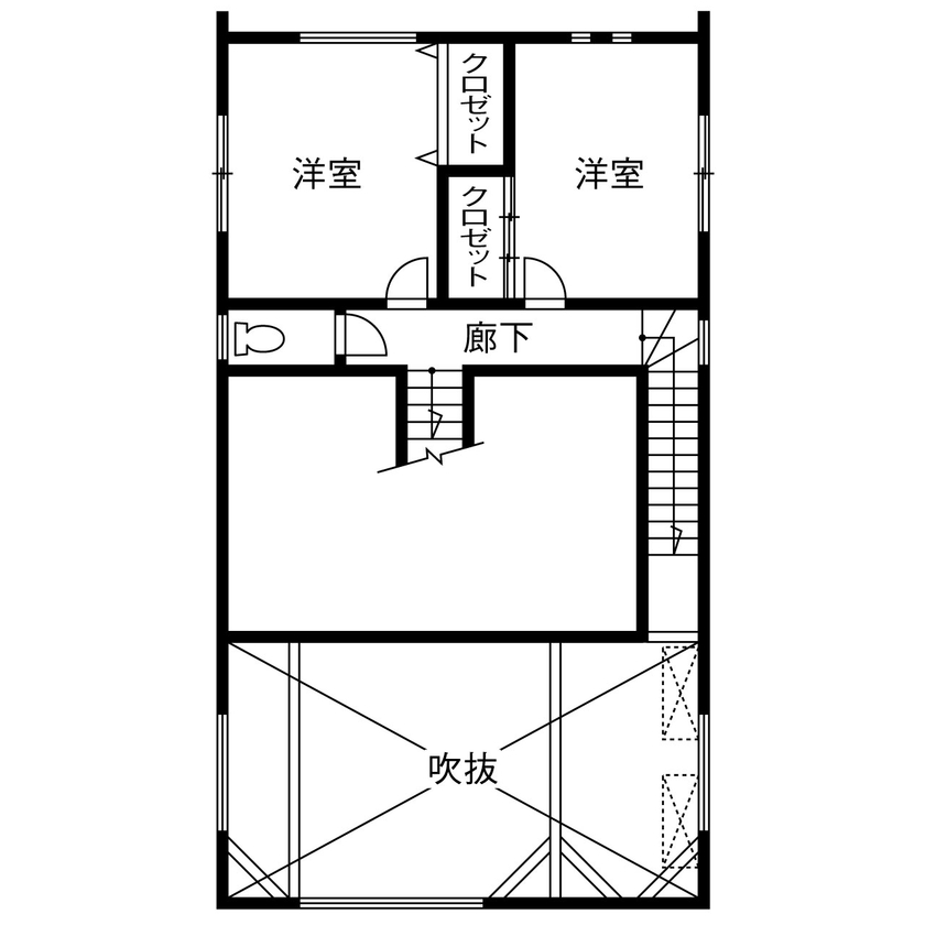 ジャストホーム（越谷・草加） 【2000万円台/間取り/40坪/バルコニー/草加】縦横の広がりをもたらすスキップフロア＋吹き抜けで開放的な家の間取り図（4LDK）2階(下部)