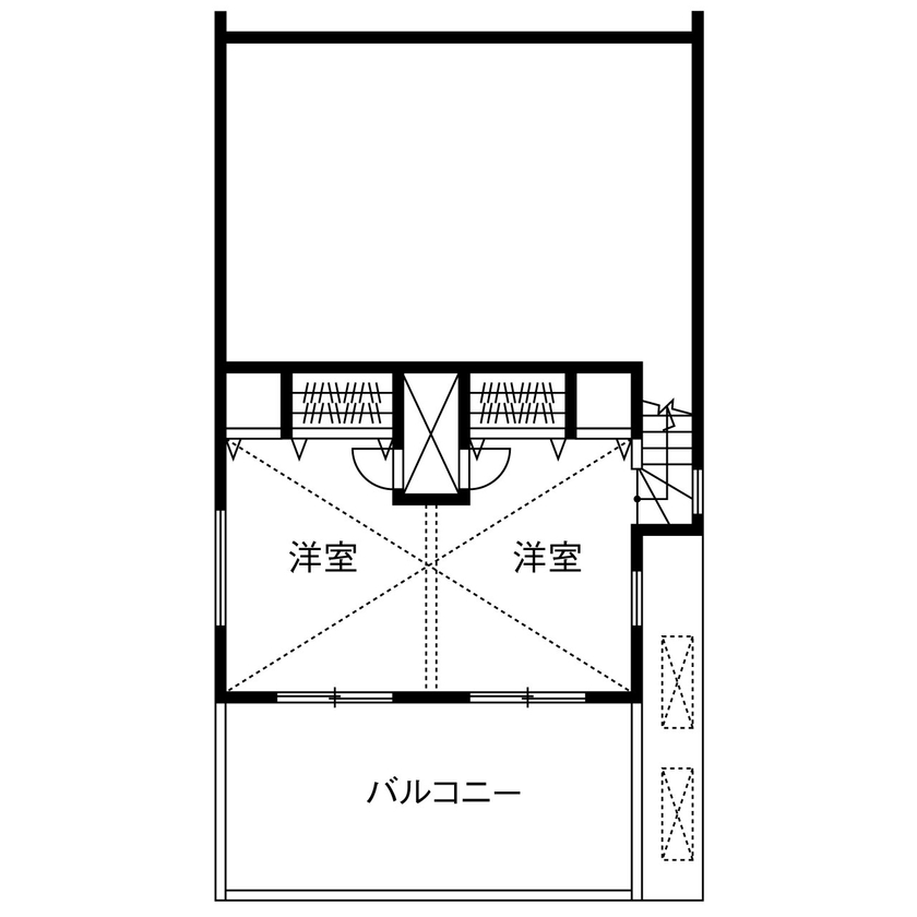 ジャストホーム（越谷・草加） 【2000万円台/間取り/40坪/バルコニー/草加】縦横の広がりをもたらすスキップフロア＋吹き抜けで開放的な家の間取り図（4LDK）2階(上部)