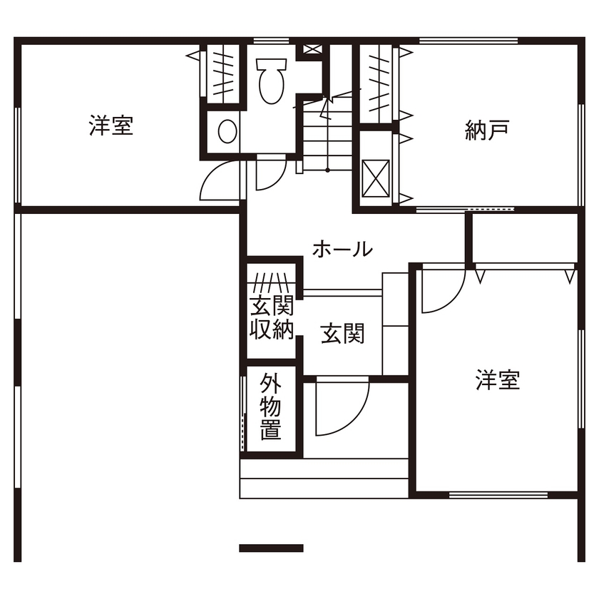 ジャストホーム（越谷・草加） 【吹抜け/2階リビング/バルコニー/38坪/間取り/越谷】家の中心に配置したバルコニーが空間をつなぐ住まいの間取り図（2LDK＋納戸）1階
