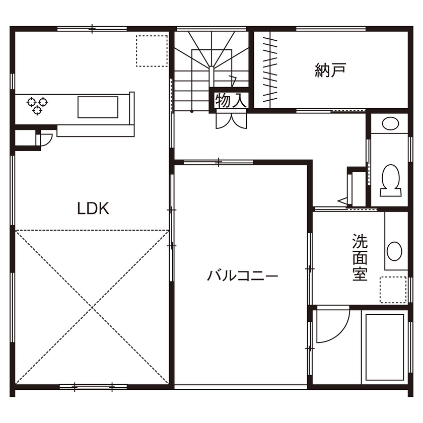 ジャストホーム（越谷・草加） 【吹抜け/2階リビング/バルコニー/38坪/間取り/越谷】家の中心に配置したバルコニーが空間をつなぐ住まいの間取り図（2LDK＋納戸）2階