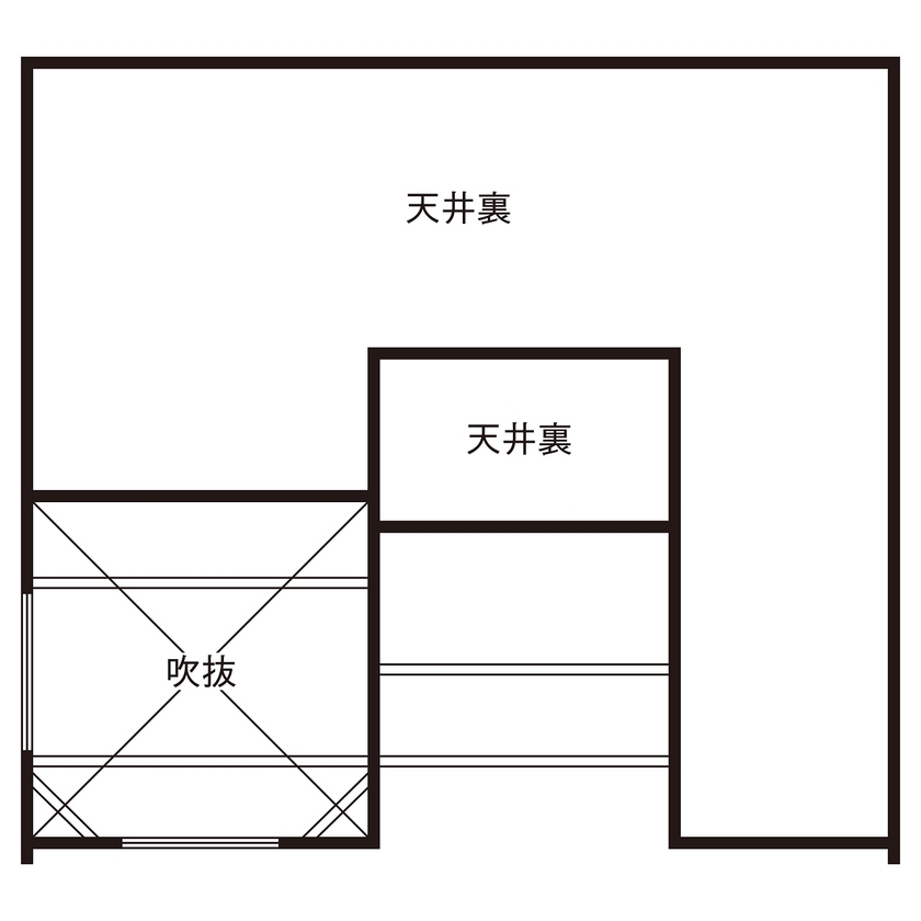 ジャストホーム（越谷・草加） 【吹抜け/2階リビング/バルコニー/38坪/間取り/越谷】家の中心に配置したバルコニーが空間をつなぐ住まいの間取り図（2LDK＋納戸）PH階