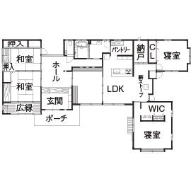 渡邊工務店 【平屋/間取り図】広々LDKから庭の彩りを楽しむ豊かな毎日です。伝統美と先進の性能を両立した数寄屋風平屋の間取り図（4LDK）１階