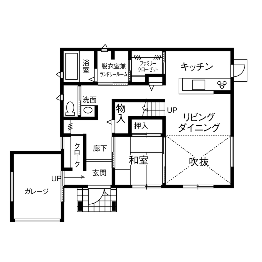 昭和住宅 【2904万円/北九州市/間取図あり/中2階】憧れのガレージ＆家事ラク動線＆自然素材で快適満足なくらしを実現の間取り図（3LDK）１階