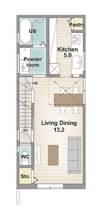 アーバンプランニング 【大阪府/1000万円台/狭小/間取り】土地とセットで一戸建てを自由設計で実現したおしゃれなデザイン住宅の間取り図（3LDK）2階