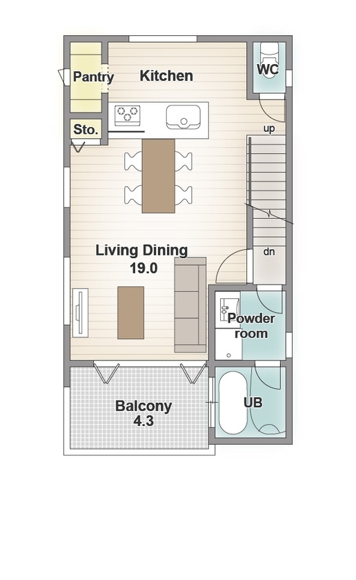 アーバンプランニング 【大阪府/2000万円台/間取り】住みたい街で土地とセットで注文住宅。間取りに工夫満載の狭小地3階建ての家の間取り図（4LDK）２階