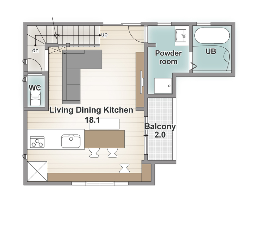 アーバンプランニング 【大阪府/1000万円台/狭小/間取り】木を使った施工実例を見て決めた！ナチュラルテイストの居心地のいい家の間取り図（4LDK）２階