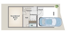 アーバンプランニング 【大阪府/1000万円台/間取り】狭小住宅で叶えた！理想のビルトインガレージ＋音楽の趣味を存分に楽しめる家の間取り図（3LDK+音楽スタジオ）１階