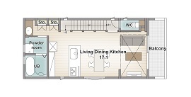 アーバンプランニング 【大阪府/1000万円台/間取り】狭小住宅で叶えた！理想のビルトインガレージ＋音楽の趣味を存分に楽しめる家の間取り図（3LDK+音楽スタジオ）２階