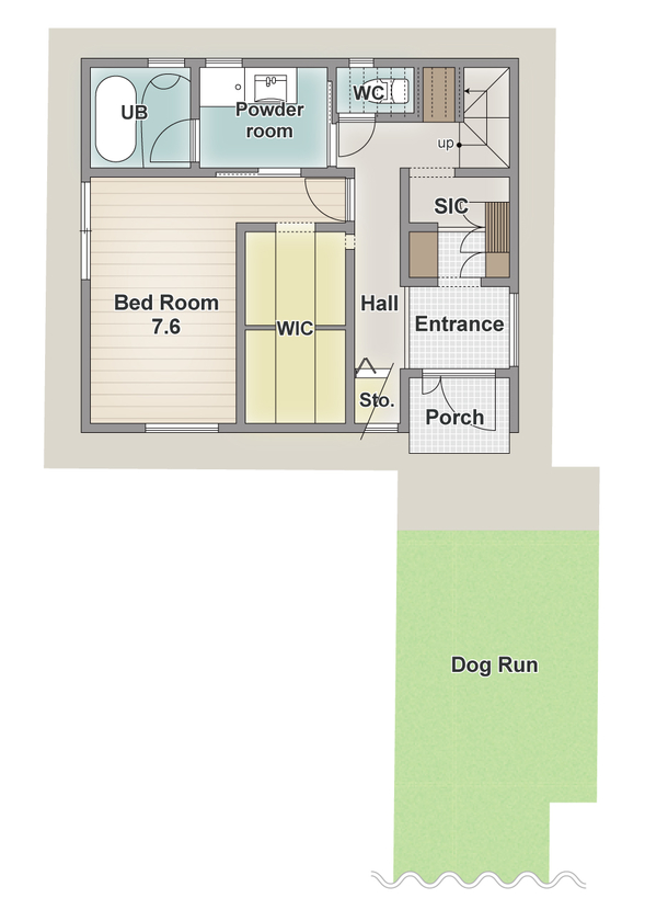 アーバンプランニング 【大阪/2000万円台/30坪/間取り】ダイナミックな吹き抜けとリビング階段がお気に入り！旗竿地を活かした家の間取り図（3LDK）１階
