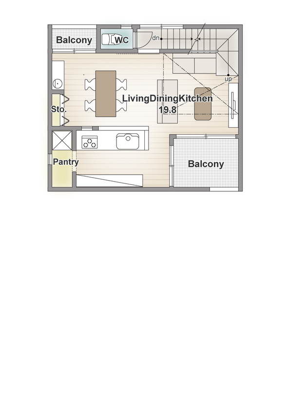 アーバンプランニング 【大阪/2000万円台/30坪/間取り】ダイナミックな吹き抜けとリビング階段がお気に入り！旗竿地を活かした家の間取り図（3LDK）２階