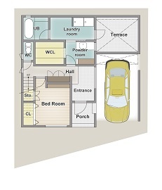 アーバンプランニング 【大阪府/約30坪】素材感とデザインにこだわった、隅々までカッコイイ家。抜群のセンスの間取りに感動！の間取り図（4LDK）１階