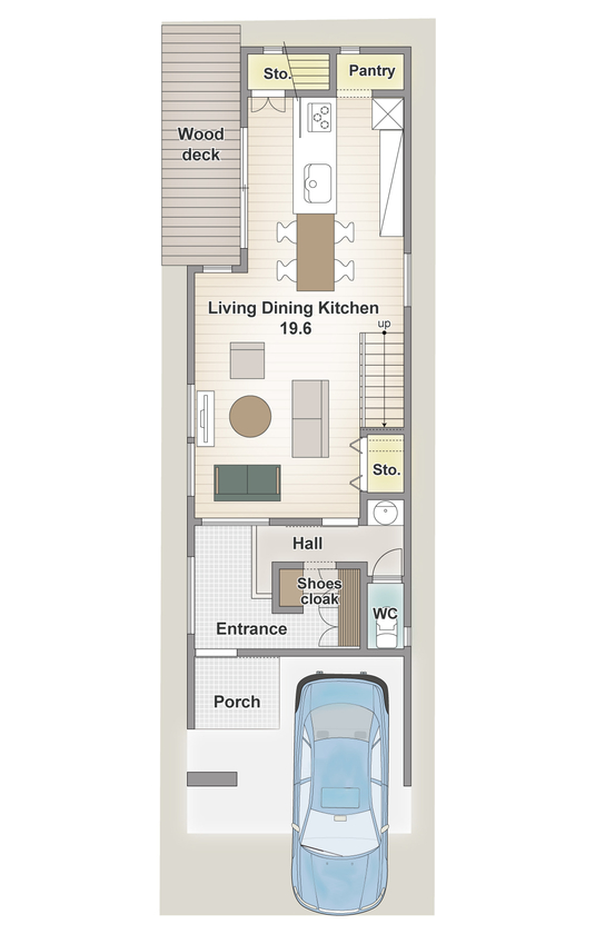 アーバンプランニング 【大阪府/2000万円台/約30坪/間取り】デザインも暮らしやすさも追及した細長い土地に建てた２階建て住宅の間取り図（３LDK＋WCL＋DEN）1階