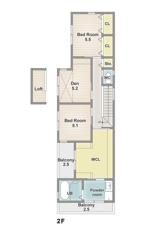 アーバンプランニング 【大阪府/2000万円台/約30坪/間取り】デザインも暮らしやすさも追及した細長い土地に建てた２階建て住宅の間取り図（３LDK＋WCL＋DEN）２階