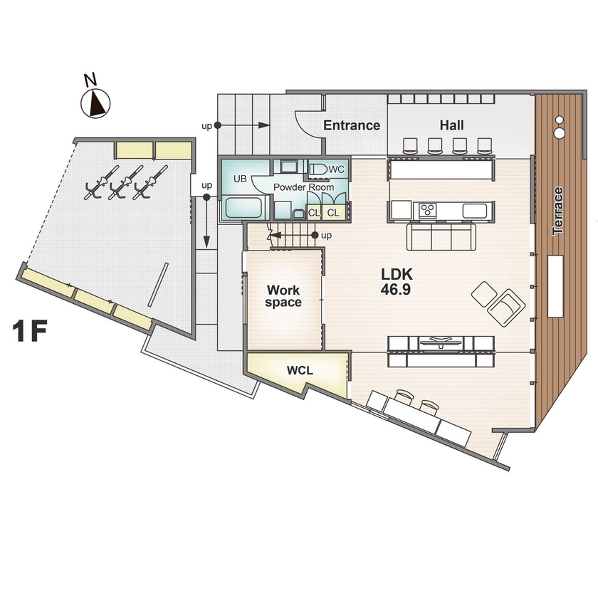 アーバンプランニング 【大阪府/間取り】自然豊かな北摂に、私たちにとっての最高の間取りで完成した四季を味わい尽くす２階建ての間取り図（２LDK＋屋根裏収納）１階