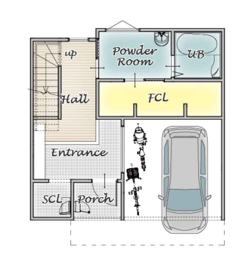 アーバンプランニング 【北摂｜吹田市｜間取り】家族と過ごす時間の質が格段にアップした、グレー×オークのやさしい住まいの間取り図（３LDK＋FCL＋WCL）１階
