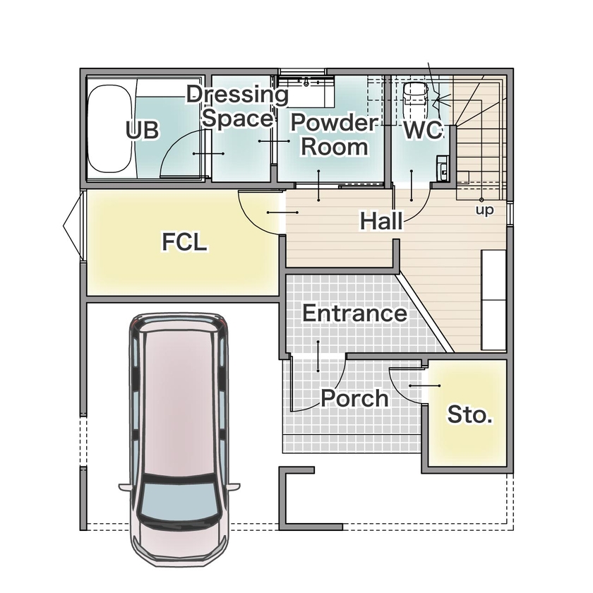 アーバンプランニング 【大阪府｜2000万円台｜間取り】公園に近い場所で土地から計画。海外インテリアの雰囲気が漂う洒落た家の間取り図（３LDK＋FCL＋WCL）１階