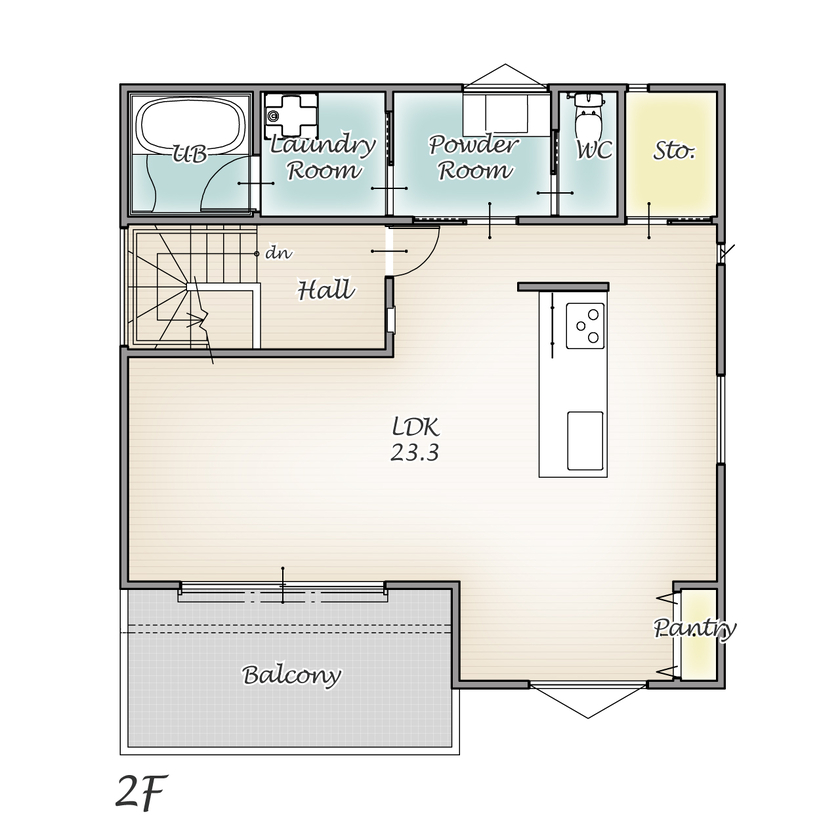 アーバンプランニング 【大阪府｜2000万円台｜２階建｜間取り】希望の吹田市で土地から実現。開放的な２階リビングでのびのびとの間取り図（３LDK＋FCL＋PANTRY）２階