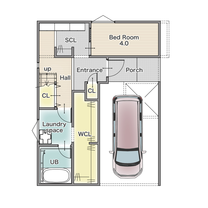 アーバンプランニング 【北摂｜インナーガレージ｜間取り図あり】便利な立地×ワイドスパンの駐車場×カーテンレスの快適ライフの間取り図（4LDK＋２WCL）１階