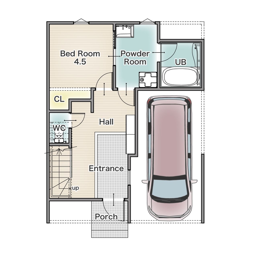 アーバンプランニング 【大阪府｜狭小｜間取り図あり】１階に駐車場、２階は広々LDK。理想を詰め込んだ都市型住宅の間取り図（3LDK）１階