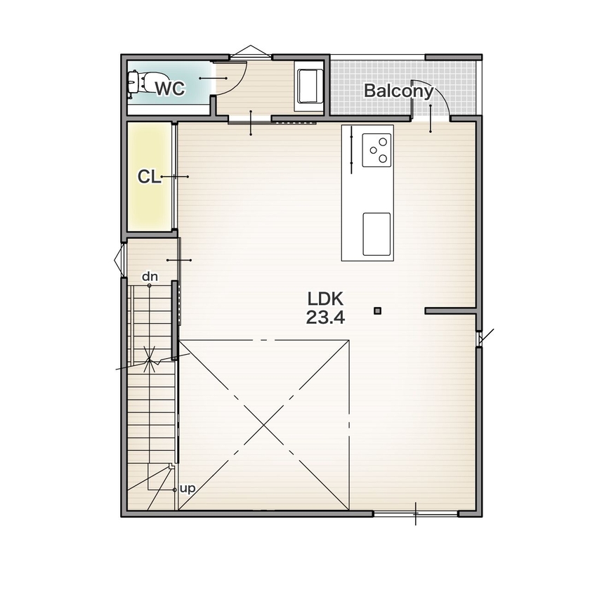アーバンプランニング 【大阪府｜狭小｜間取り図あり】１階に駐車場、２階は広々LDK。理想を詰め込んだ都市型住宅の間取り図（3LDK）２階