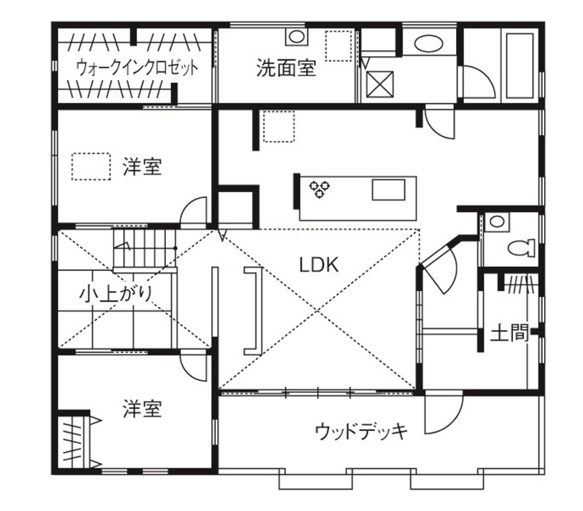 アートクラフト 【2500～3000万円/埼玉県】魅せる収納と採光プランで、快適性と利便性を両立した西海岸スタイルの平屋の間取り図（2LDK）1階