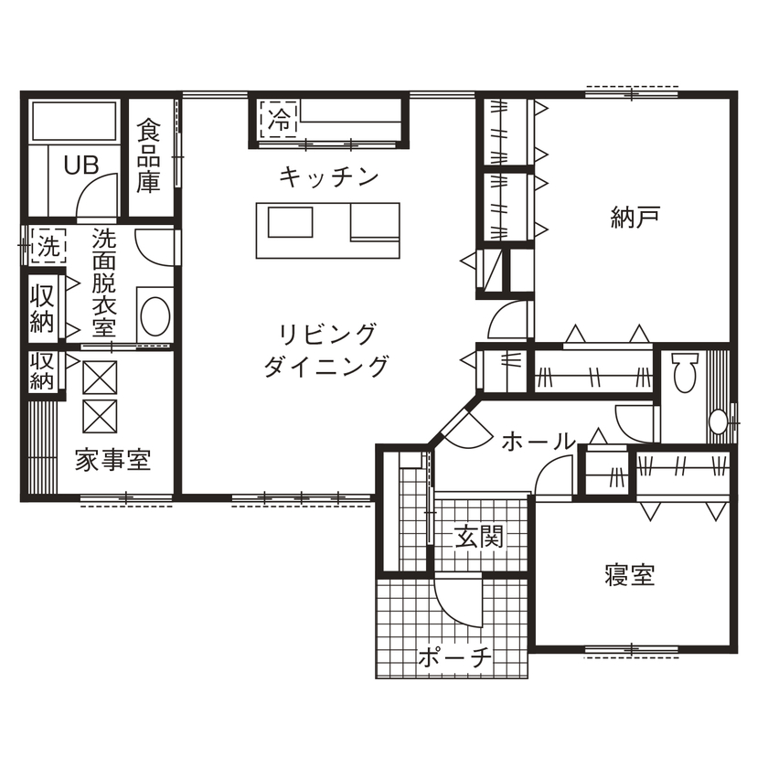 SAMATA 【平屋/2,800万円/32.1坪/間取り図あり】自然素材をふんだんに使った、アイランドキッチンのあるナチュラルモダンの家の間取り図（2LDK）1階