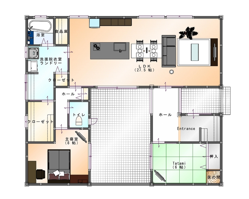 SAMATA 【2830万円/32.6坪/間取り図あり】シンプルで洗練された箱型のフォルムが美しい平屋の間取り図（2LDK）1階