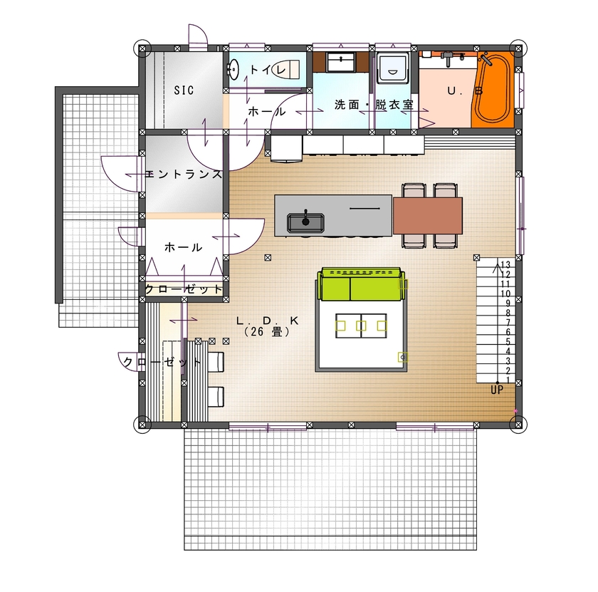 SAMATA 【2650万円/36.3坪/間取り図あり】吹き抜けから光が降り注ぐリゾートを彷彿させる家の間取り図（3LDK）1階
